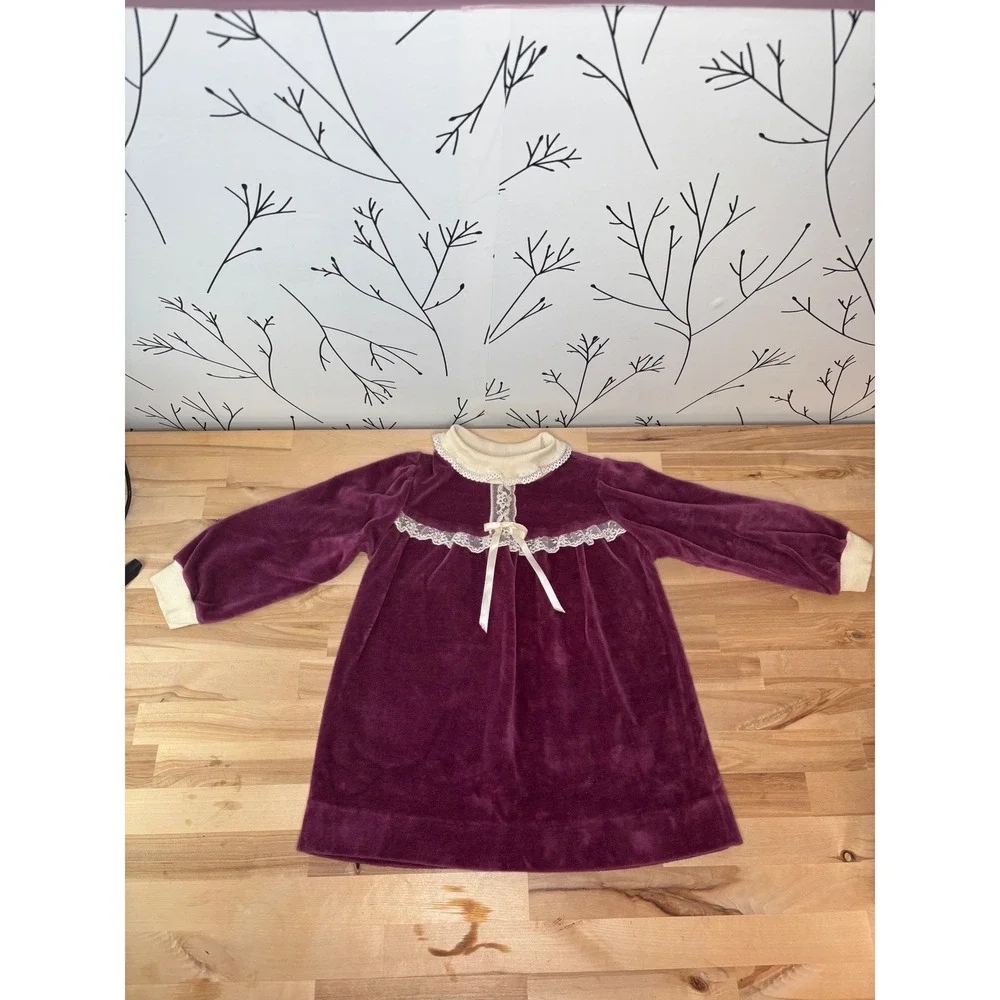 Vintage Health-tex Toddler Girls Plum Purple Velour Lace Trim Dress 3T USA Made